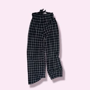 Black and white grid accordion pleated wide leg pants